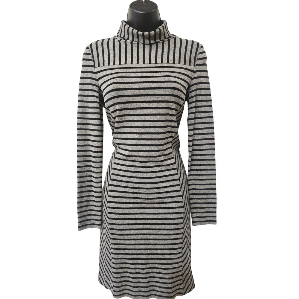 Tory Burch Grey Black Striped Mock Neck Long Sleeve Dress XS 30142482